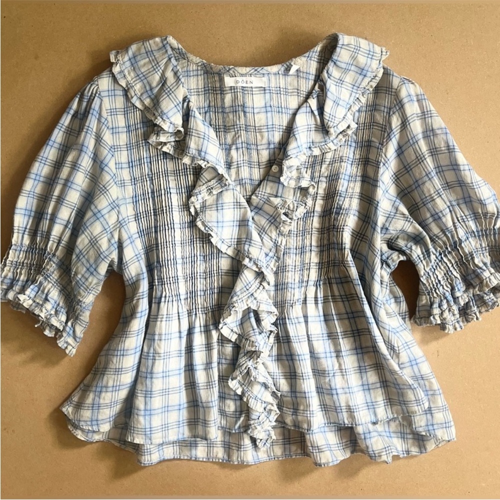 Doen Blue and White Plaid Blouse